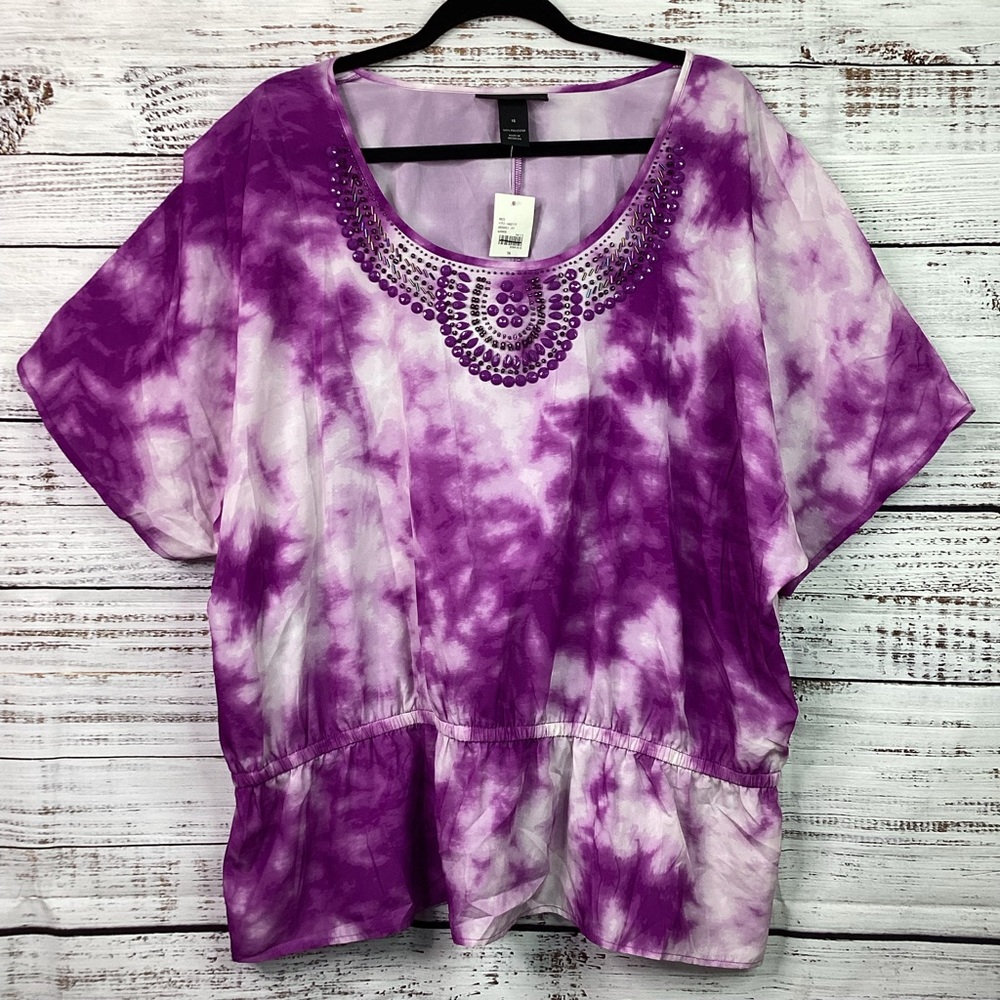 NEW LANE BRYANT PLUS SIZE 18 PURPLE TOP EMBELLISHED TIE DYE SUMMER BLOUSE BEADS